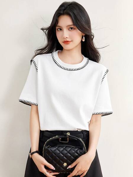 تيشيرت نسائي بأكمام قصيرة ، توب برقبة مستديرة ، أحادي اللون ، تنقل مزاجه ، موضة السيدات ، كاجوال ، صيفي ، جديد