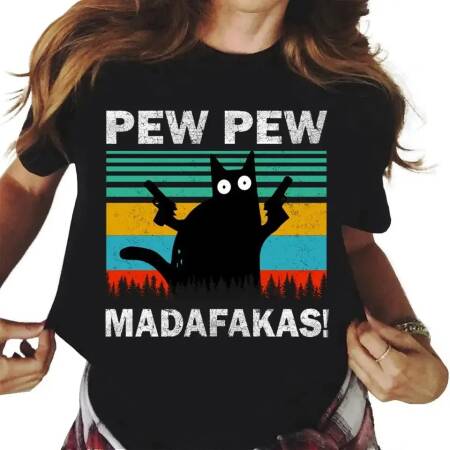 تي شيرت نسائي كاجوال من Pew Madafakas بطباعة قطة سوداء لطيفة، برقبة مستديرة وأكمام قصيرة، ملابس صيفية للشارع بتصميم شخصي على طراز Y2K