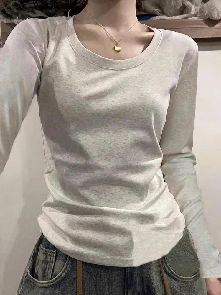 تي شيرت نسائي ضيق بأكمام طويلة، قميص داخلي قطني بقصة ضيقة لخريف وشتاء، طبقة أساسية لتنحيف الجسم - Image 4