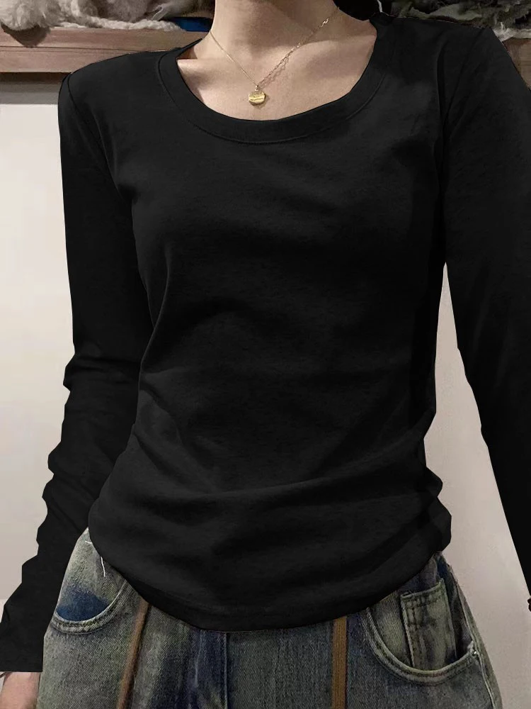 تي شيرت نسائي ضيق بأكمام طويلة، قميص داخلي قطني بقصة ضيقة لخريف وشتاء، طبقة أساسية لتنحيف الجسم - Image 3