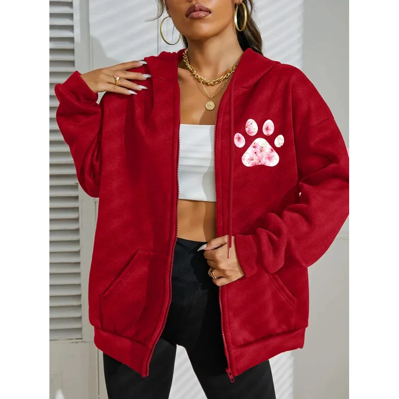 زهرة القط قدمي الظل لديها أربعة أرجل وذيل طباعة سستة هودي امرأة Y2K الخريف هوديس فضفاض الصوف ملابس رياضية غير رسمية - Image 4