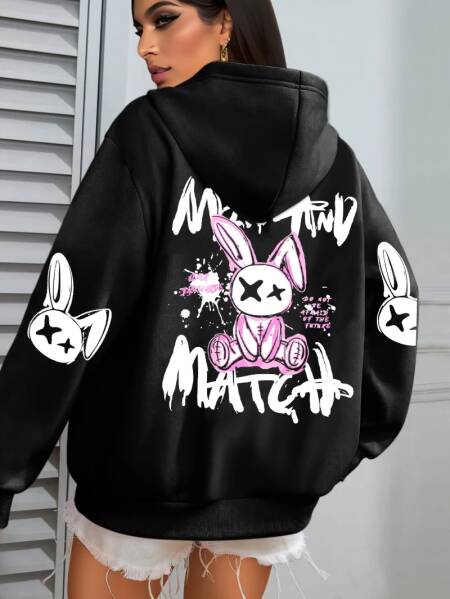 مزيج وتطابق الكرتون الأرنب يطبع المرأة هوديي جيب الشارع الشهير Harajuku فضفاض هودي كل مباراة الصوف الملابس النسائية