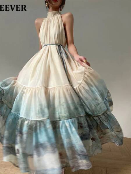 فستان نسائي بوهيمي لحفلات الشاطئ مع حمالة ، فستان فضفاض مطبوع بدون أكمام ، خصر مرتفع ، صدرية ضيقة على شكل خط ، مثيرة أنيقة ، صيفية