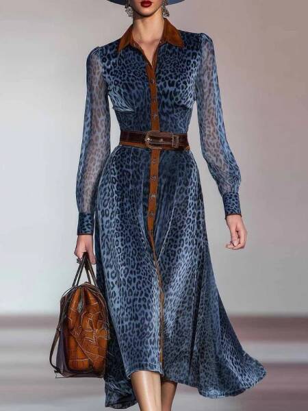 فستان نسائي أنيق بطبعة الفهد فستان شبكي ملون وياقة طية صدر السترة واحدة الصدر فستان أنيق بأكمام طويلة