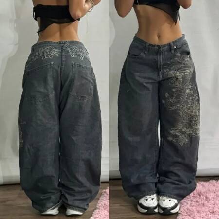 بنطلون جينز فضفاض مطبوع كبير الحجم على الموضة من Streetwear Y2K Harajuku الهيب هوب عتيق بوب قوطي عالي الخصر بنطال واسع الساق