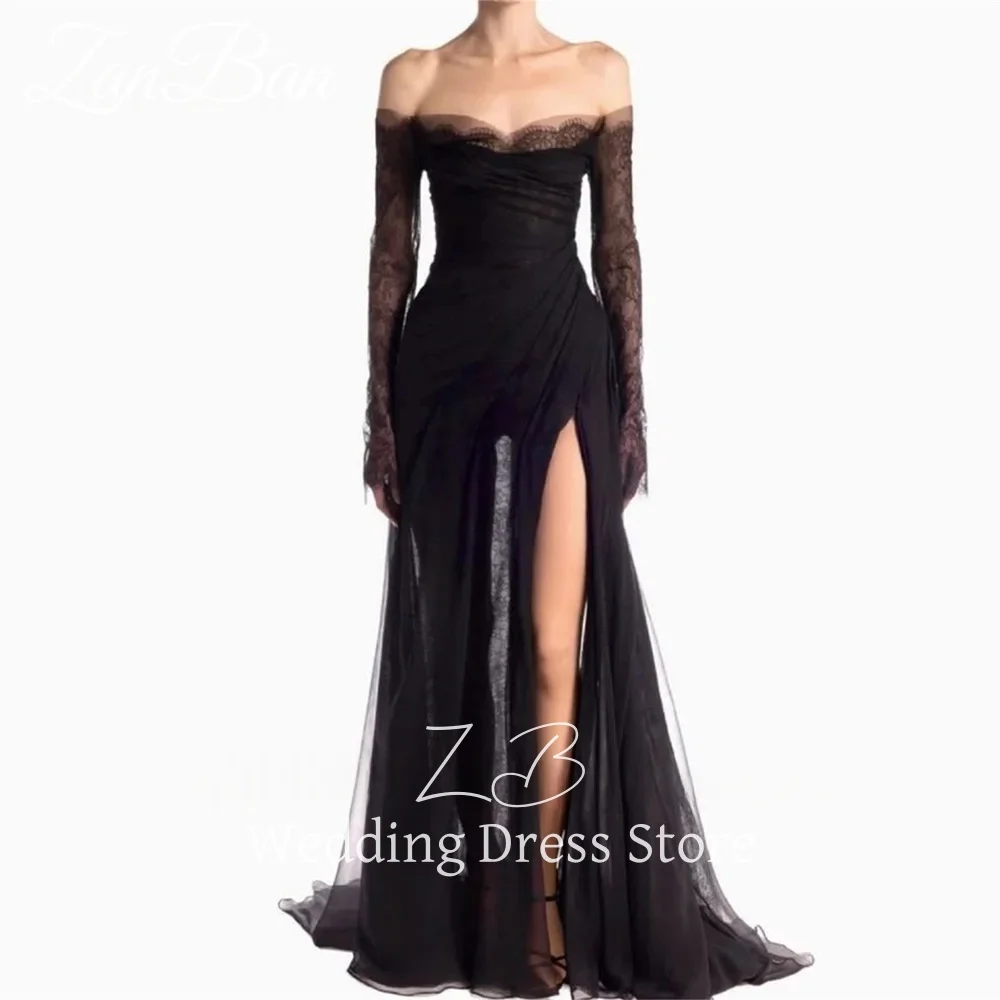 ZanBan فساتين حفلة موسيقية سوداء مثيرة بدون أكتاف وأكمام طويلة لحفلات الزفاف الوهم ورقبة على شكل قلب وفتحة جانبية مخصصة