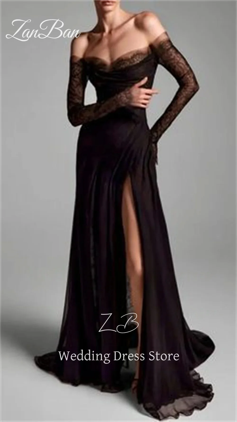 ZanBan فساتين حفلة موسيقية سوداء مثيرة بدون أكتاف وأكمام طويلة لحفلات الزفاف الوهم ورقبة على شكل قلب وفتحة جانبية مخصصة - Image 2