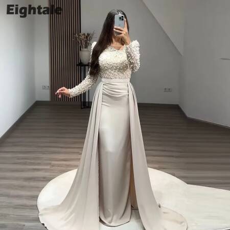 فستان سهرة عربي Eightale بلون الشمبانيا وأكمام طويلة مخصص من الساتان القابل للتمدد لحفلات الزفاف حورية البحر فيستدو دي نوش