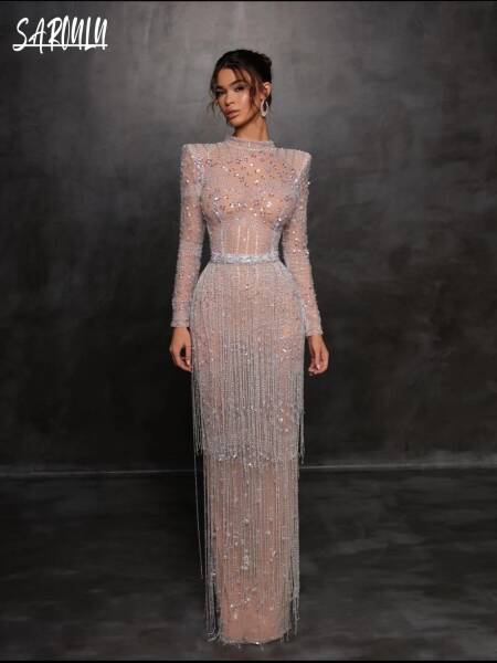 فستان سهرة برقبة عالية وهم ، رداء العروس المستقيم اللامع ، شرابة عتيقة ، فستان حفلة موسيقية مخصص بأكمام طويلة ، فستان Vestidos De Novia