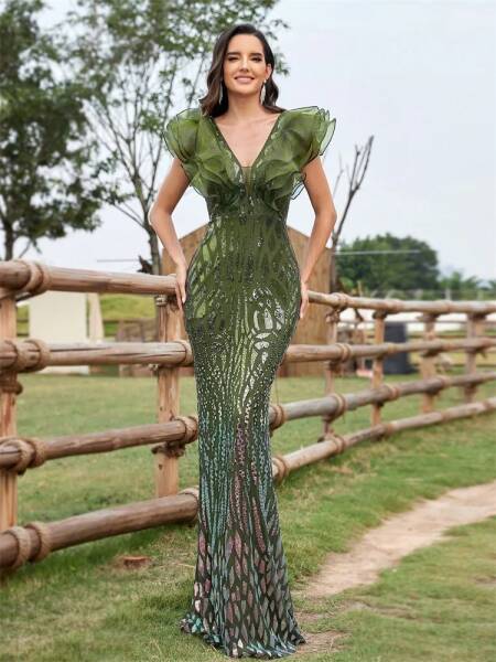 فساتين سهرة سوداء أنيقة للنساء 2025 فاخرة طويلة حورية البحر ترتر رسمي على شكل حرف v للحفلات الراقصة وحفلات الزفاف وحفلات الكوكتيل