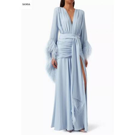 Sansa مخصص الخامس الرقبة الجانب عالية الشق ألف خط فساتين لحضور الحفلات الموسيقية كم طويل فساتين السهرة الأنيقة المتتالية كشكش فساتين الحفلات