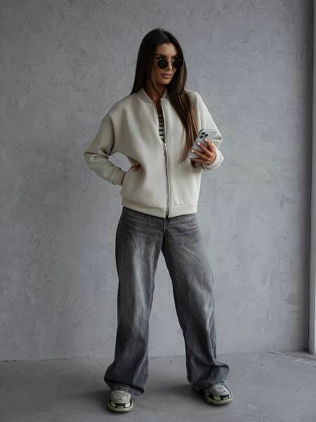 جاكيت بومبر نسائي بلون كريمي بسحاب، تصميم فضفاض، ملابس خارجية كاجوال للشارع