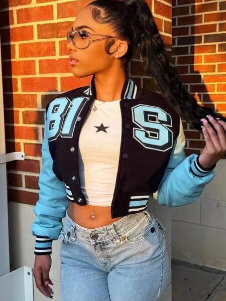 Nibber سترة رياضية امرأة التباين المرقعة البيسبول الخريف الاتجاه إلكتروني طباعة واحدة الصدر كم كامل معاطف نمط غير رسمي
