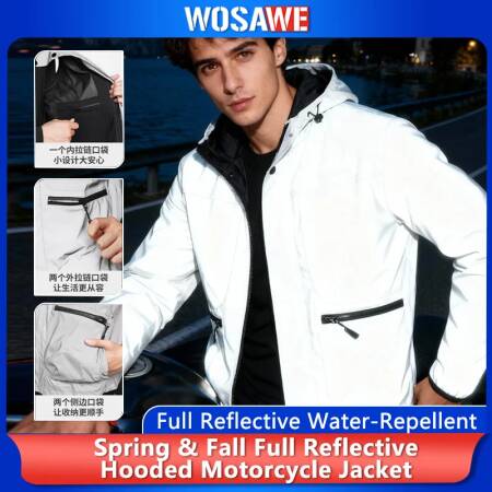 WOSAWE دراجة نارية سترة عاكسة كاملة الرجال النساء ليلة لامعة سترة واقية الشارع ركوب الهيب هوب فضفاض مقنعين معاطف مع جيوب