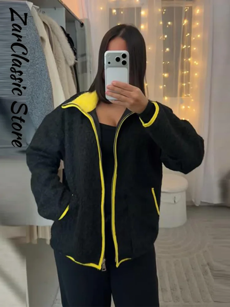 سترة صوفية متباينة غير رسمية للنساء بياقة واقفة وجيوب وسحاب وأكمام طويلة معطف نسائي لخريف وشتاء 2025 جديد للسيدات في ملابس خارجية