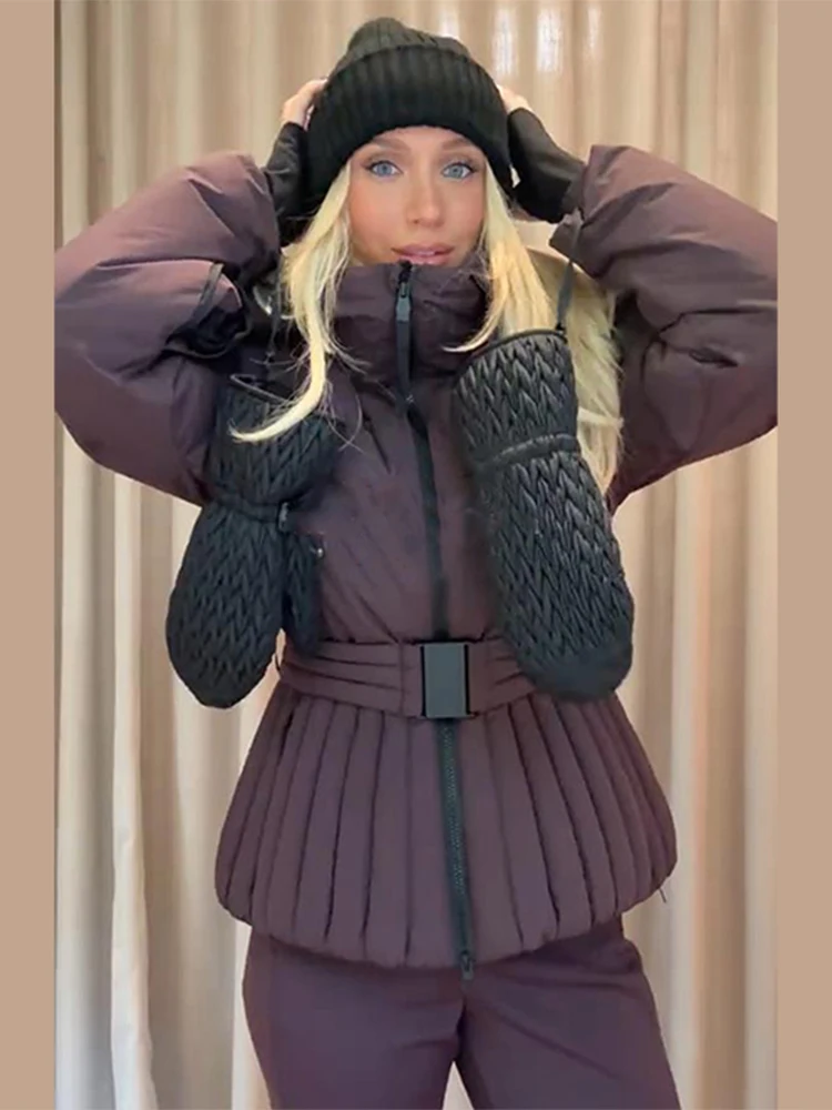 سيدة كامل الجسم بدلة تزلج مقنعين الوقوف الفراء طوق سستة حزام الخصر متوهج السراويل بذلة موضة غمد الرياضة شتاء 2025 ملابس التزلج - Image 5
