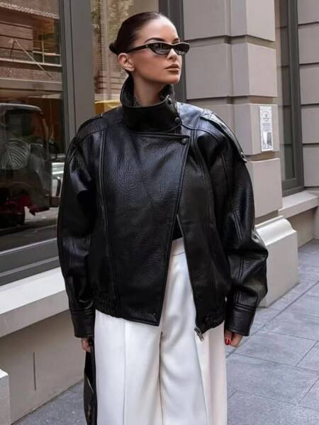 TFMLN 2025 المرأة فو الجلود سترة فضفاضة شارع العليا الوقوف طوق معطف طويل الأكمام موضة السببية سستة أبلى الخريف الشتاء