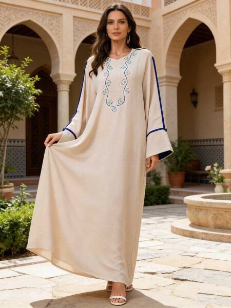 عباية بيج مع تطريز أزرق وأكمام جرس متباينة للنساء قفطان مغربي إسلامي جلابية دبي العربية