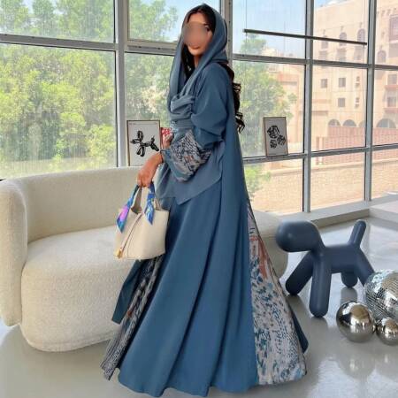 عباءات نسائية إسلامية للشرق الأوسط، فساتين كاجوال طويلة، جلباب عربي بأكمام كاملة مفتوح من الأمام مع حجاب، طقم من قطعتين