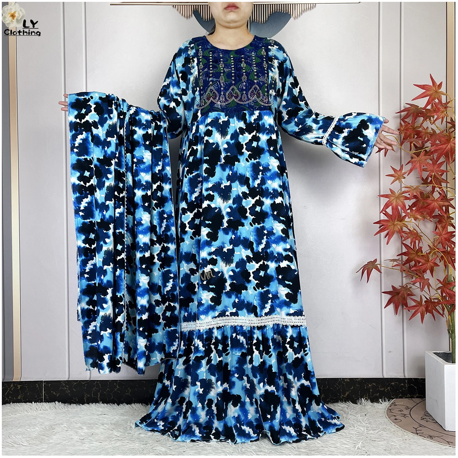 فستان نسائي جديد موضة 2026 بتصميم زهري وأكمام طويلة من القطن مع وشاح كبير، قفطان دبي، فستان فضفاض كاجوال، فساتين أفريقية