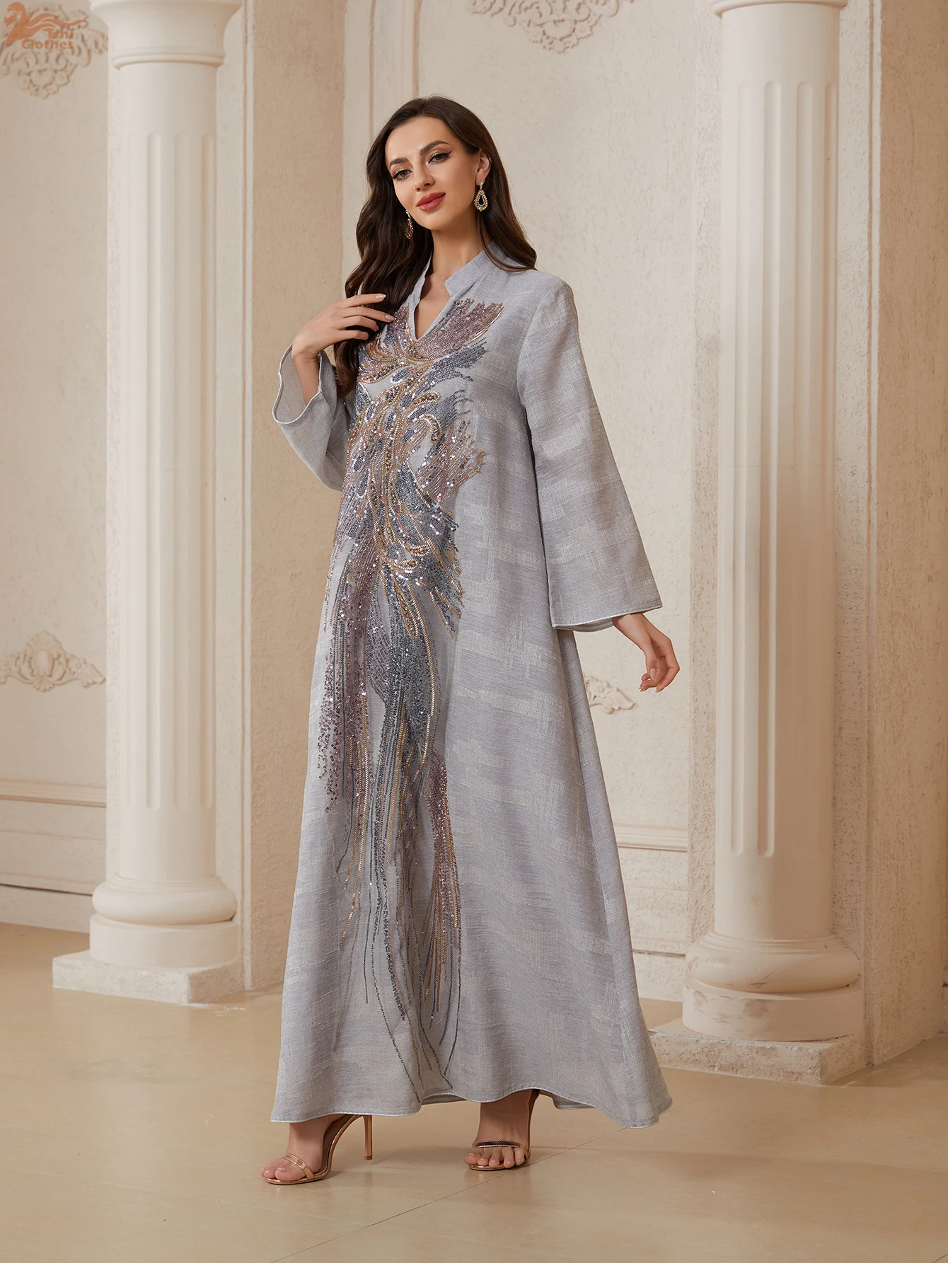 فستان سهرة فاخر للنساء من يوني دبي مطرز بالترتر مع أكمام شبكية وياقة على شكل V مزين بالخرز قفطان مغربي للسيدات 2025 - Image 4