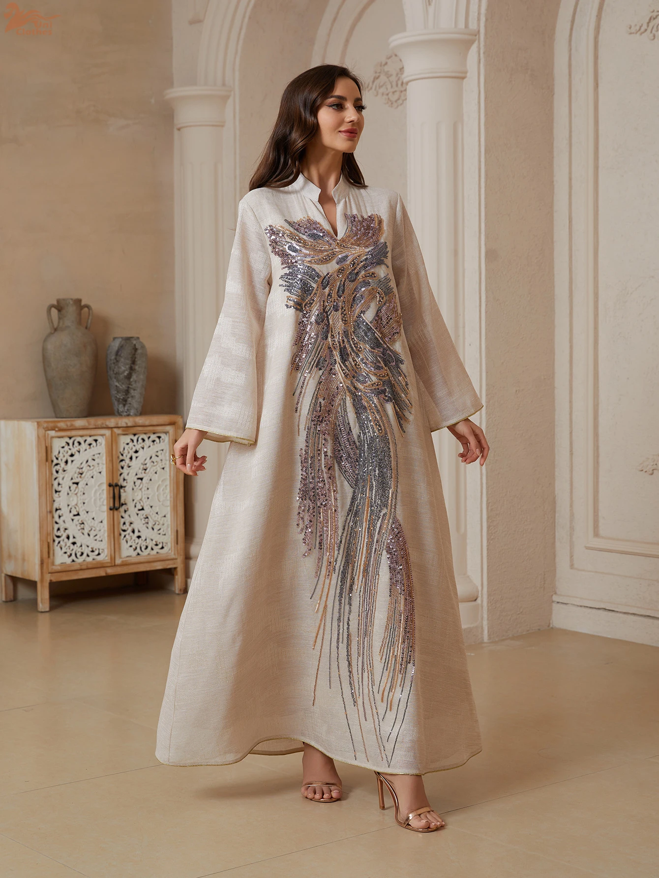 فستان سهرة فاخر للنساء من يوني دبي مطرز بالترتر مع أكمام شبكية وياقة على شكل V مزين بالخرز قفطان مغربي للسيدات 2025 - Image 3