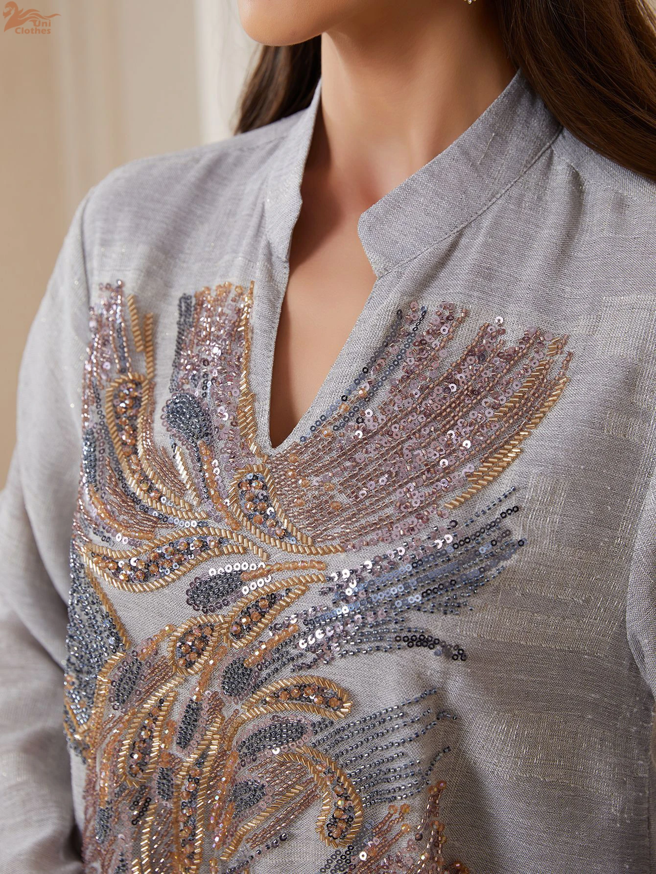 فستان سهرة فاخر للنساء من يوني دبي مطرز بالترتر مع أكمام شبكية وياقة على شكل V مزين بالخرز قفطان مغربي للسيدات 2025 - Image 6