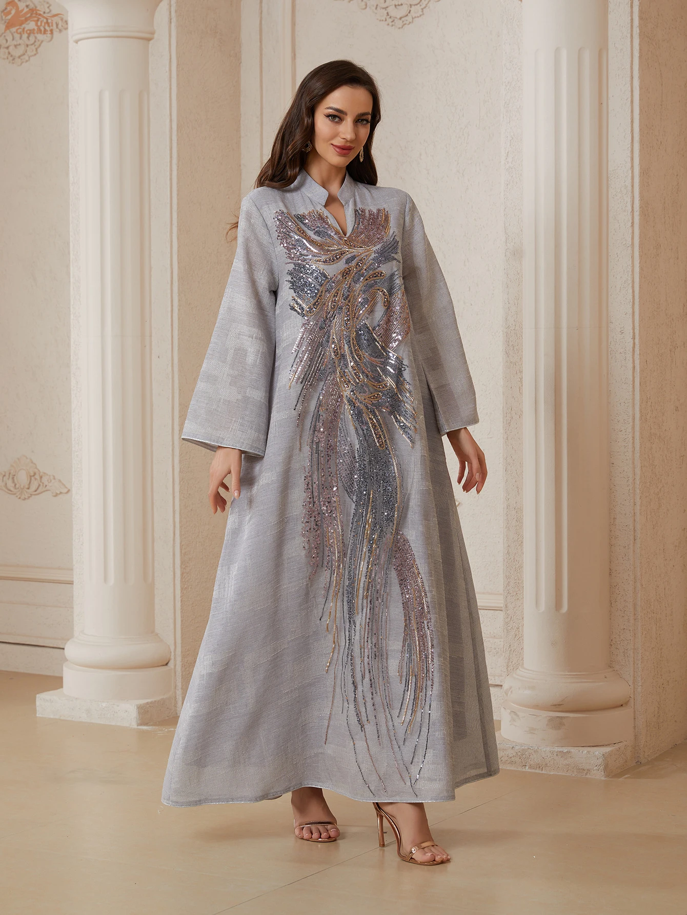 فستان سهرة فاخر للنساء من يوني دبي مطرز بالترتر مع أكمام شبكية وياقة على شكل V مزين بالخرز قفطان مغربي للسيدات 2025 - Image 5