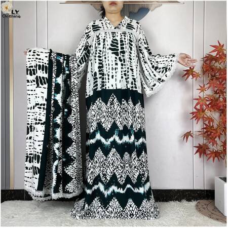 أحدث عباءة أفريقية لعام 2026 مطبوعة من القطن الخالص للنساء، فستان طويل فضفاض، أزياء دبي العصرية للعطلات والحفلات مع وشاح كبير