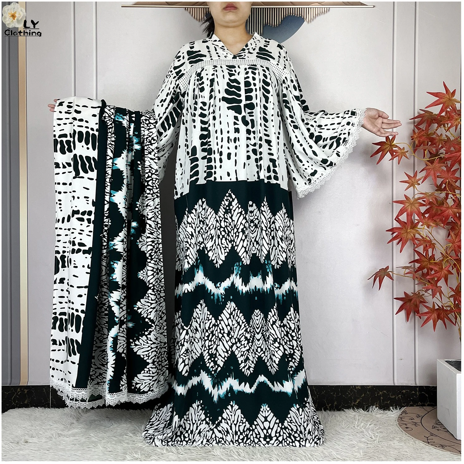 أحدث عباءة أفريقية لعام 2026 مطبوعة من القطن الخالص للنساء، فستان طويل فضفاض، أزياء دبي العصرية للعطلات والحفلات مع وشاح كبير