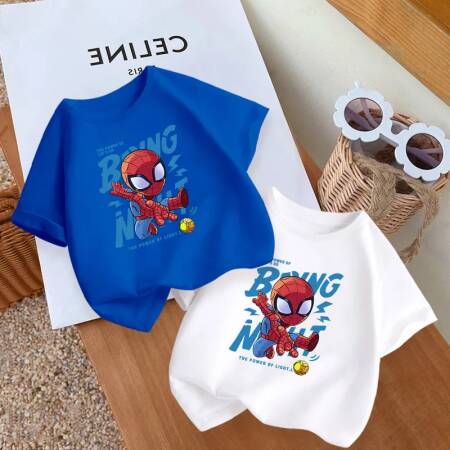 تي شيرت قطني للأولاد بأكمام قصيرة بتصميم كرتوني لشخصيات مارفل سبايدرمان وآيرون مان وسوبرمان للصيف