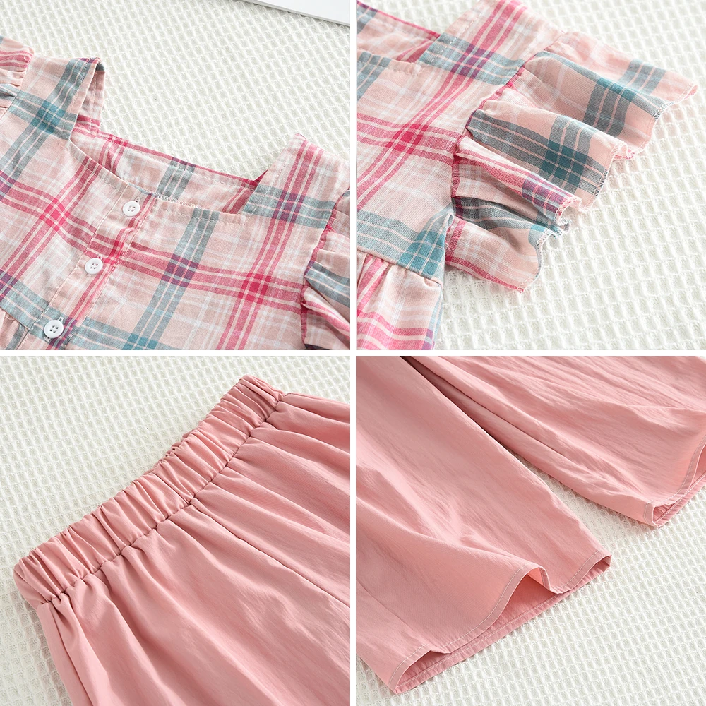 Bear Leader الصيف فتاة الوردي متقلب قصيرة الأكمام أعلى الصلبة بنطال ذو قصة أرجل واسعة قطعتين مجموعة لملابس كاجوال للأطفال - Image 6