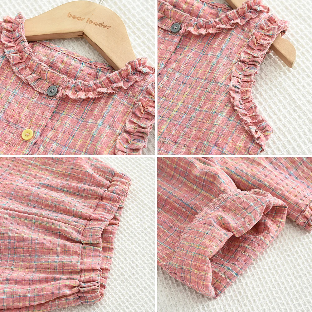 Bear Leader الصيف الاطفال أزياء وتتسابق الفتيات مجموعة ملابس الوردي منقوشة أكمام أعلى + السراويل واسعة الساق الدانتيل قطعتين الدعاوى - Image 6