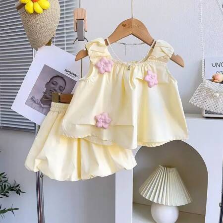 طقم ملابس بناتي ثلاثي الأبعاد مزين بالزهور - بلوزة بدون أكمام + شورت قطعتين ملابس صيفية، تصميم برعم الزهور الأبعاد للأطفال الصغار