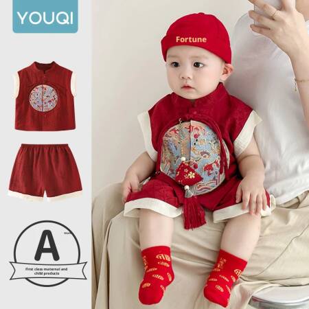 【Youqi】زي أطفال صيني للأطفال من عمر 0 إلى عامين، طقم صيفي شورت بأكمام قصيرة، زي احتفال مائة يوم على شكل قمر كامل أحمر، طقم مكون من قطعتين لعيد الميلاد الأول