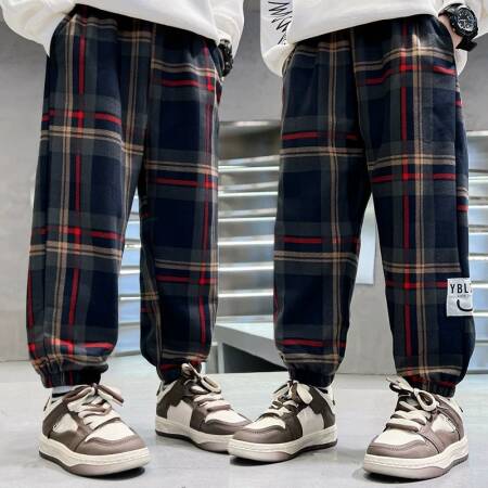 بنطلونات كاجوال للأولاد من 3-12 سنة لفصلي الربيع والخريف، موديل 2026 الجديد، سراويل رياضية فضفاضة من القطن بنقشة مربعات للأطفال، ملابس أطفال