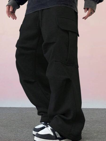 سراويل للأولاد، أفرول، بنطلونات شتوية مخملية متعددة الجيوب، سراويل رياضية للراحة في المنزل، نمط سميك، بسيط ومقاس كبير. 7-14