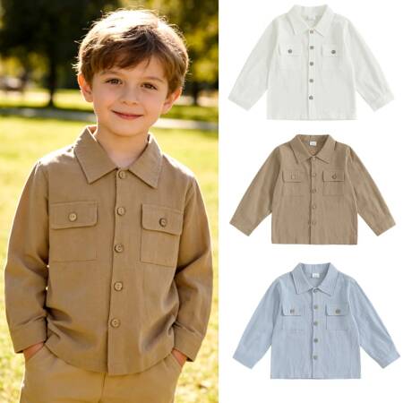 قمصان للأولاد الصغار من عمر 2 إلى 7 سنوات بلون سادة وأكمام طويلة وأزرار سفلية وطية صدر السترة للأطفال الصغار ملابس ربيع الخريف