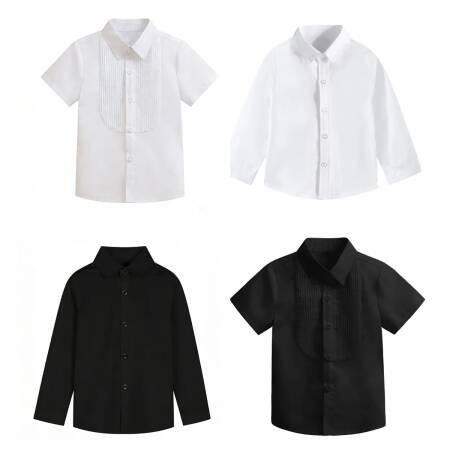 قميص رسمي للأولاد بأكمام طويلة باللونين الأسود والأبيض، بتصميم توكسيدو مع طيات أمامية وأزرار، قميص بأكمام قصيرة للأطفال لحفلات الزفاف