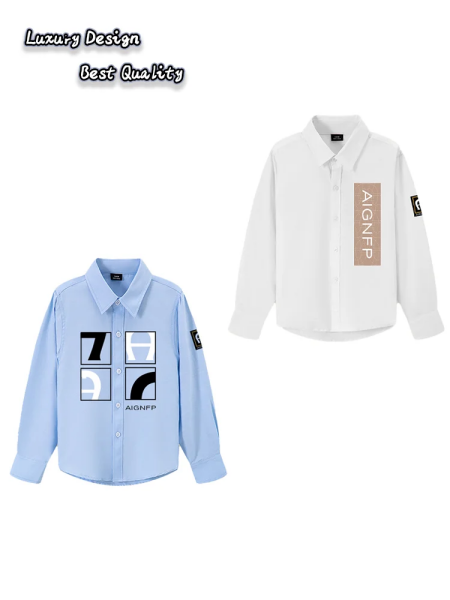 الأزياء القمصان للأطفال الأكمام الطويلة ربيع 2026 شارع جديد ملابس عادية اتجاه طباعة الرسالة الهندسية قميص الأطفال القمصان القطن قميص الحفلة قميص الأطفال الوسيم الخريف مصمم ملابس الأطفال