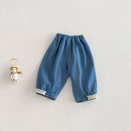 بنطلون جينز للفتيات بخصر مطاطي وحواف دانتيل للأطفال من 0-5 سنوات، موديل ربيع 2026 بأسلوب كوري، ملابس مريحة للفتيات