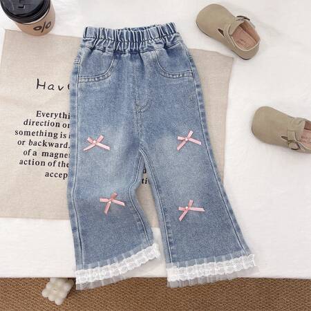 بنطلونات جينز للفتيات لفصلي الربيع والخريف بأسلوب غربي مع دانتيل وفيونكة، سراويل واسعة من الأسفل، بنطلونات طويلة أنيقة للفتيات الصغيرات بأسلوب كوري متعدد الاستخدامات