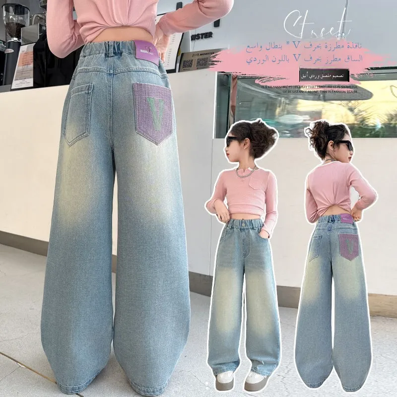 بنطلون جينز واسع الساق للفتيات بخصر مرتفع وطويل، ملابس أطفال عصرية متعددة الاستخدامات لفصل الخريف من ماركة يو بيجيا مع حزام مطرز - Image 5