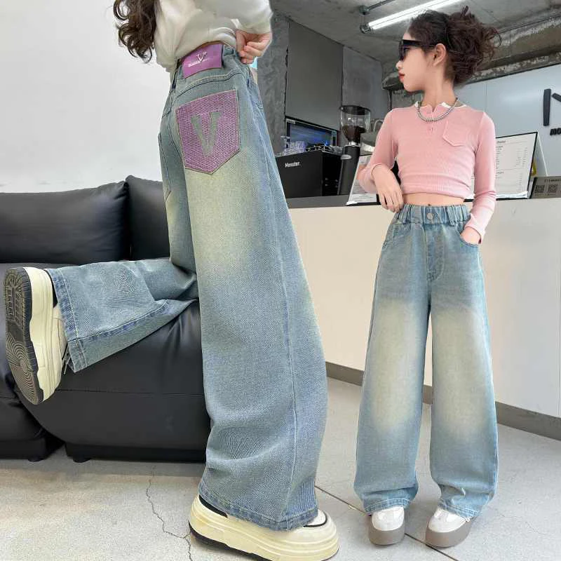 بنطلون جينز واسع الساق للفتيات بخصر مرتفع وطويل، ملابس أطفال عصرية متعددة الاستخدامات لفصل الخريف من ماركة يو بيجيا مع حزام مطرز - Image 3