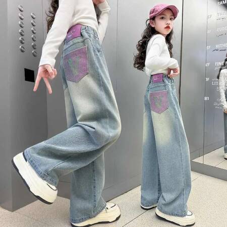 بنطلون جينز واسع الساق للفتيات بخصر مرتفع وطويل، ملابس أطفال عصرية متعددة الاستخدامات لفصل الخريف من ماركة يو بيجيا مع حزام مطرز