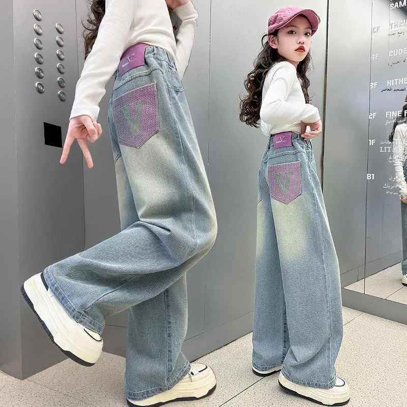 بنطلون جينز واسع الساق للفتيات بخصر مرتفع وطويل، ملابس أطفال عصرية متعددة الاستخدامات لفصل الخريف من ماركة يو بيجيا مع حزام مطرز