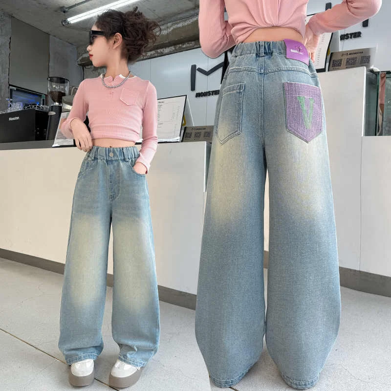 بنطلون جينز واسع الساق للفتيات بخصر مرتفع وطويل، ملابس أطفال عصرية متعددة الاستخدامات لفصل الخريف من ماركة يو بيجيا مع حزام مطرز - Image 4