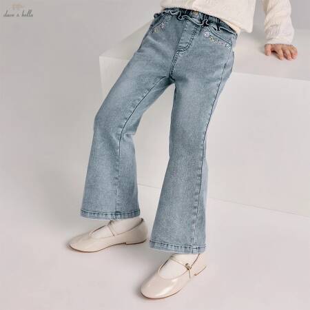 بنطلون ديف بيلا الربيعي للفتيات مع جيب مطرز، بنطلون جينز كاجوال بخصر مطاطي وقصة واسعة من الأسفل، بنطلون رسمي للأطفال للحفلات DK1260988