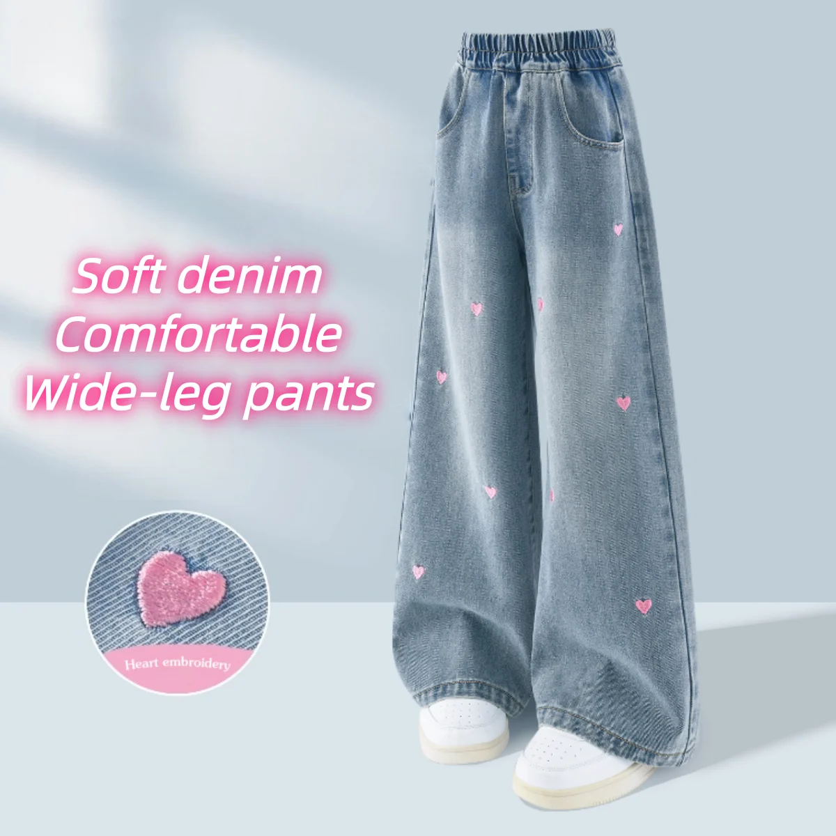 جينز أنيق للأطفال قابل للتنفس بناتي مع تطريز على شكل قلب حلو ولطيف بنطلون دنيم للربيع والخريف ناعم وخفيف الوزن بقصة واسعة من الأسفل - Image 6