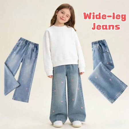 جينز أنيق للأطفال قابل للتنفس بناتي مع تطريز على شكل قلب حلو ولطيف بنطلون دنيم للربيع والخريف ناعم وخفيف الوزن بقصة واسعة من الأسفل